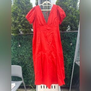 Abercrombie & Fitch Puff Sleeve Slim Poplin Midi Dress Burnt Orange/Red